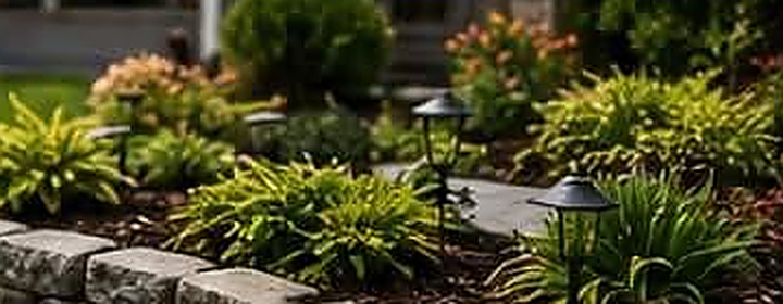 Landscaped bed with stone border, perennials and path lighting